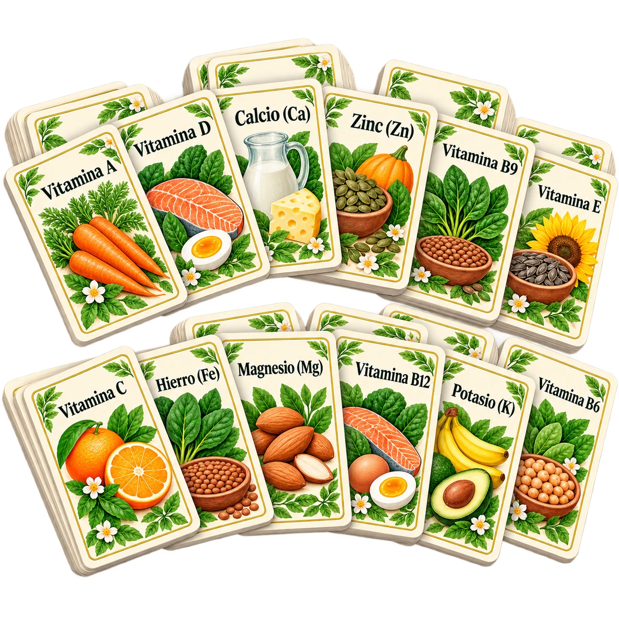 Tarjetas de repaso con vitaminas y minerales junto a las ilustraciones de sus fuentes alimentarias